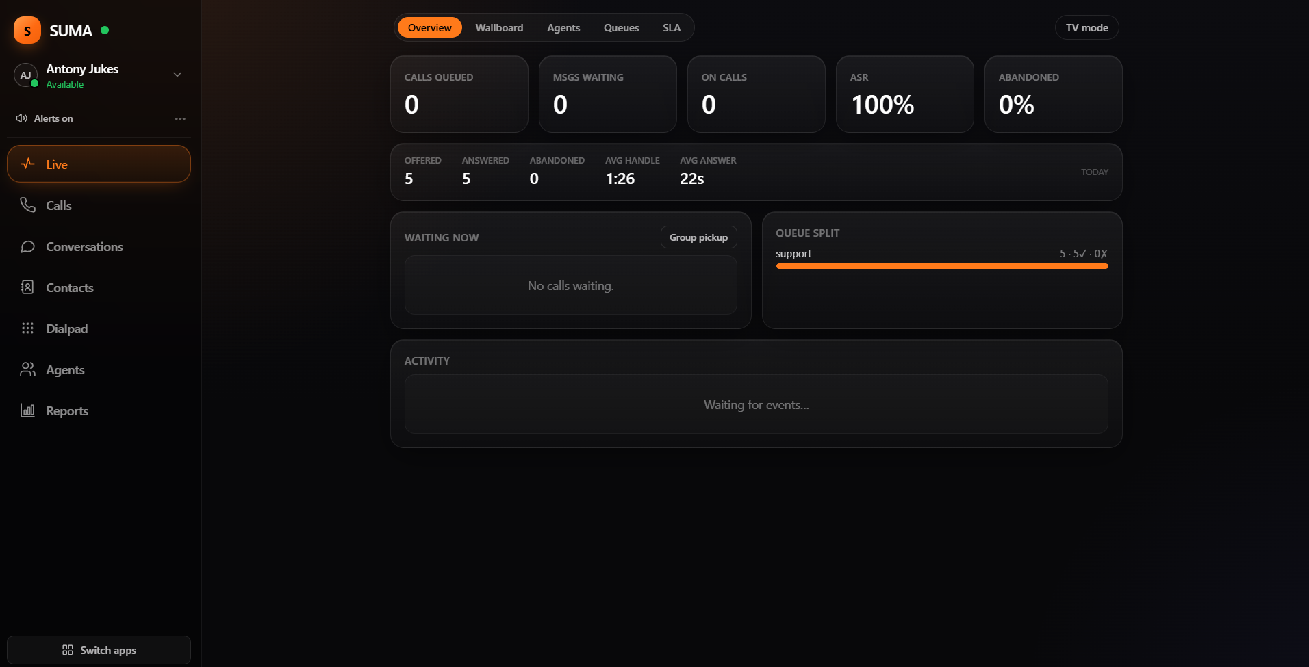 SUMA desktop console — live dashboard